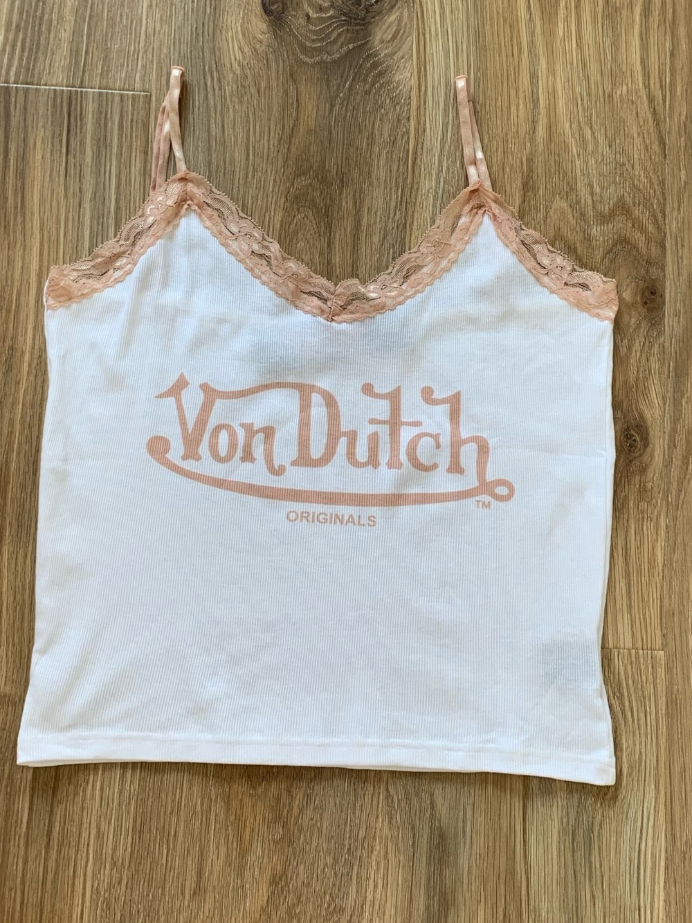 Von Dutch Originals Lace Trim Cami Tank Top White Pink Logo Y2K Tagged NWT